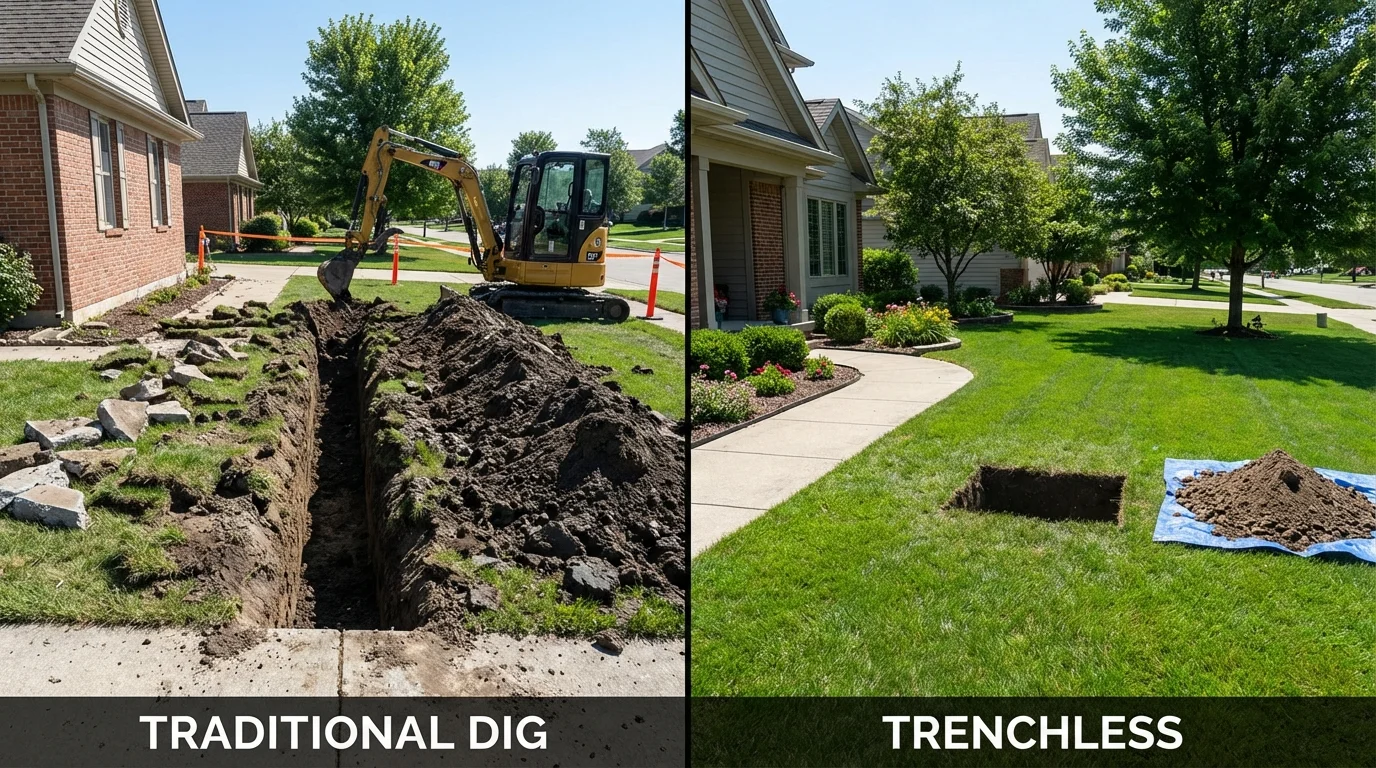 Trenchless sewer repair with minimal yard damage versus traditional excavation in Willowbrook, IL