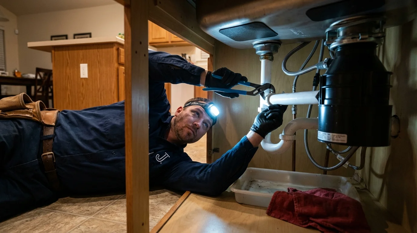 P-trap and supply line connections under a kitchen sink showing a common leak point in Willowbrook, IL